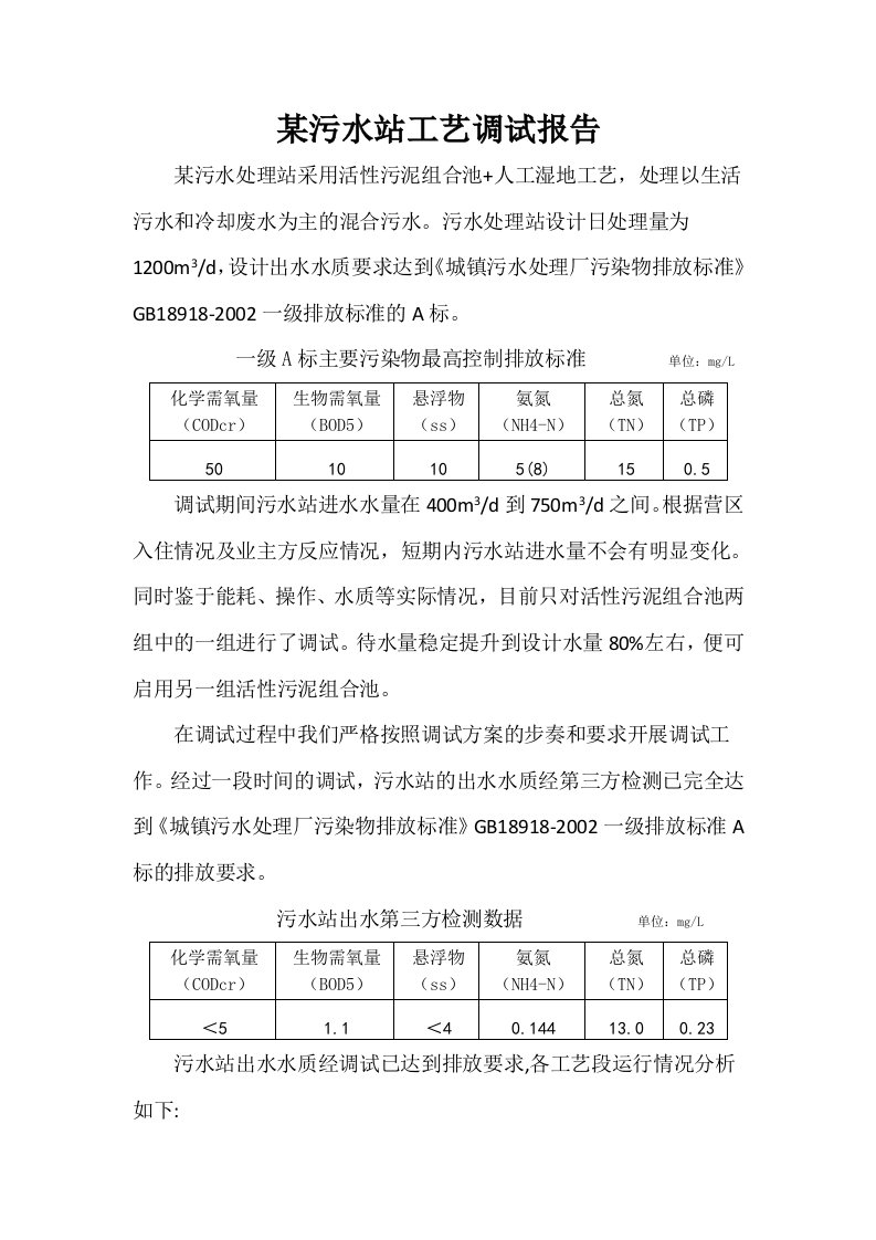 污水站工艺调试报告