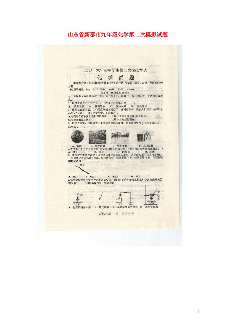 山东省新泰市九级化学第二次模拟试题（扫描版）