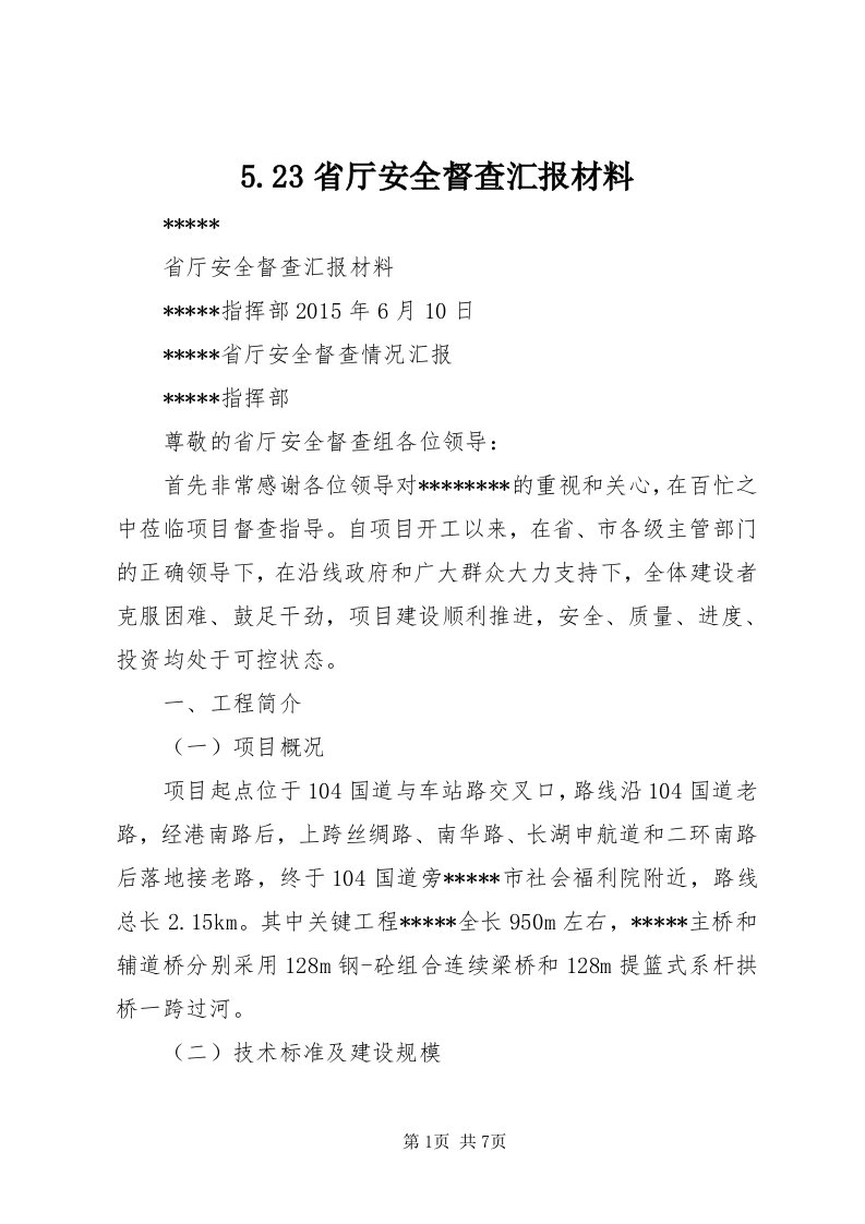 5.3省厅安全督查汇报材料