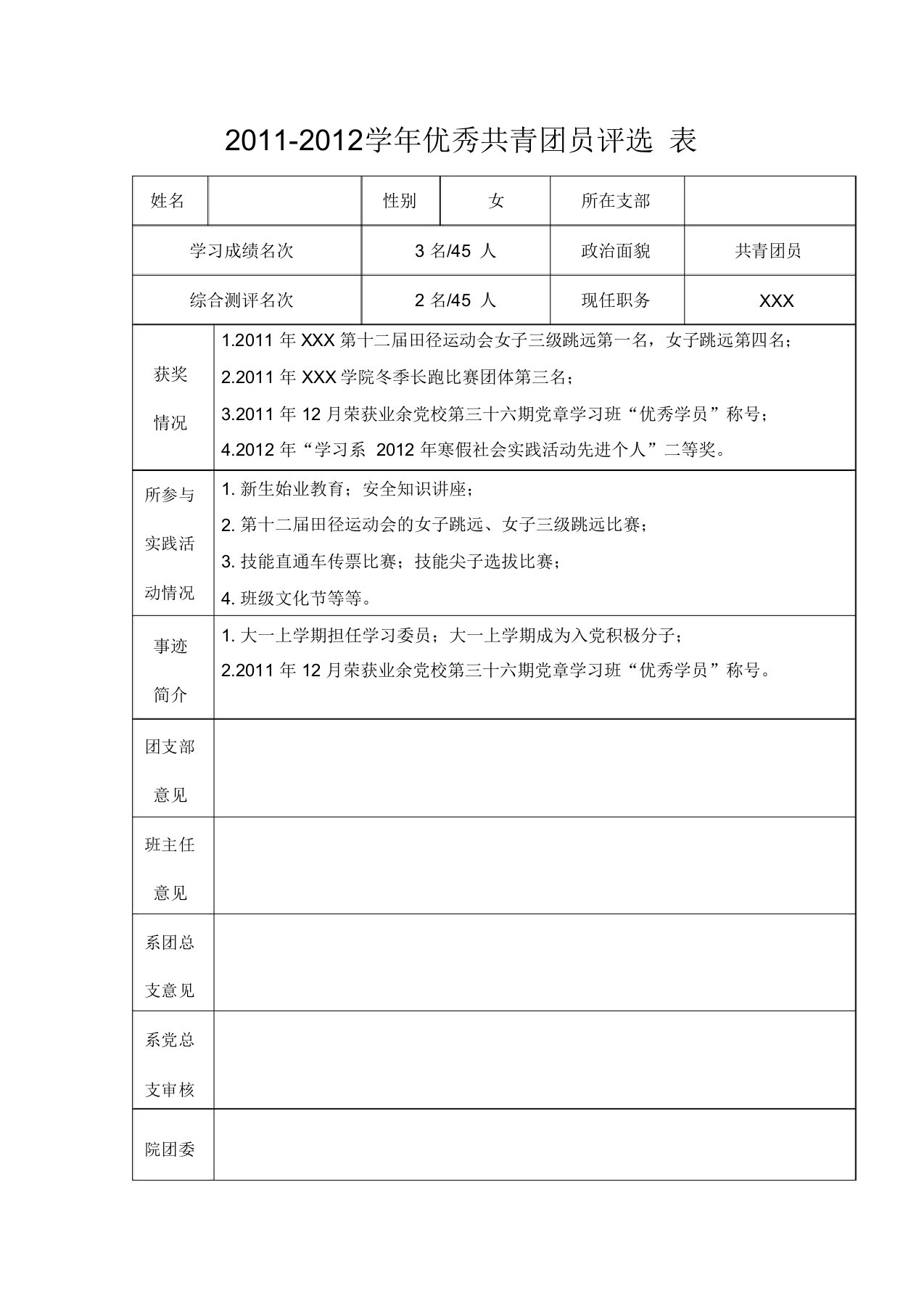 评选优秀团员表格