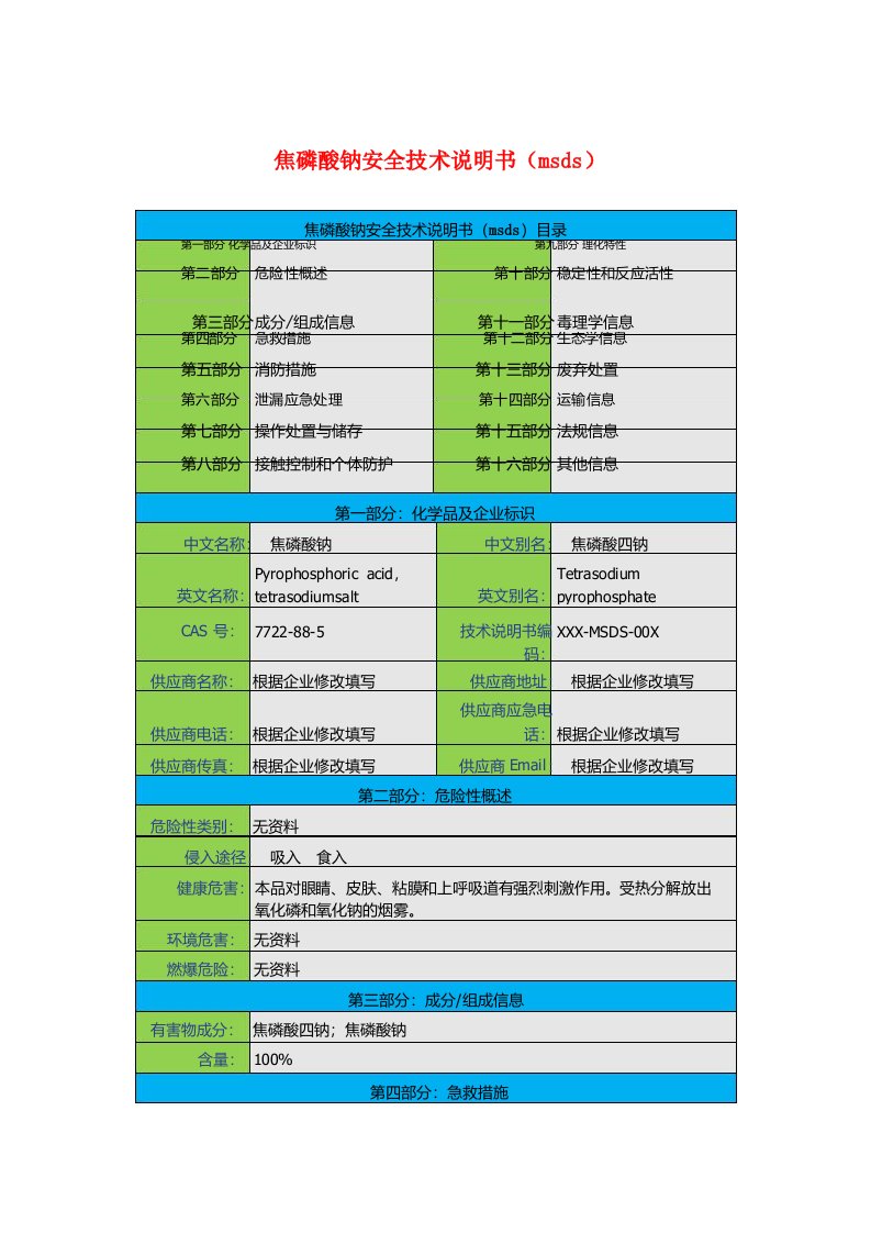 焦磷酸钠安全技术说明书