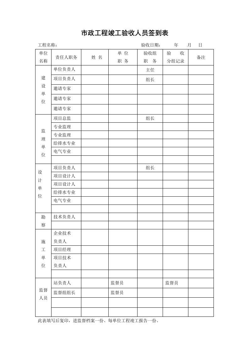 市政工程竣工验收人员签到表