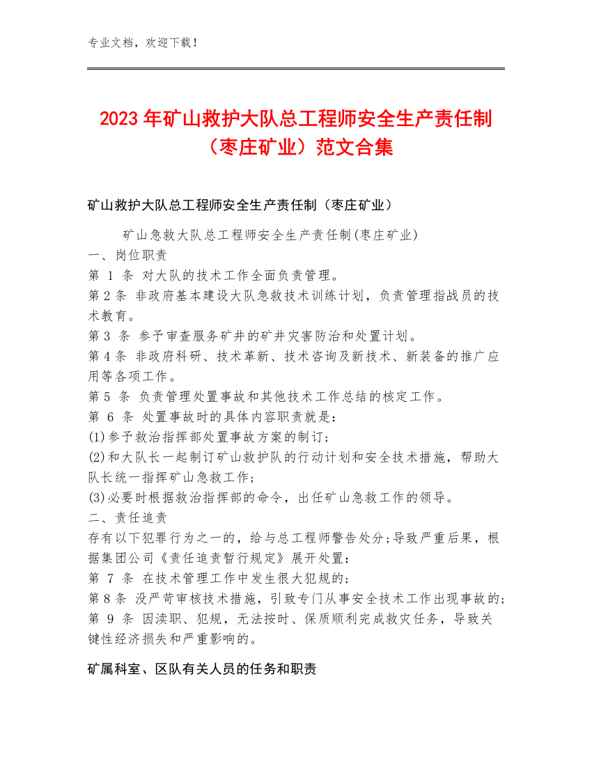 2023年矿山救护大队总工程师安全生产责任制（枣庄矿业）范文合集