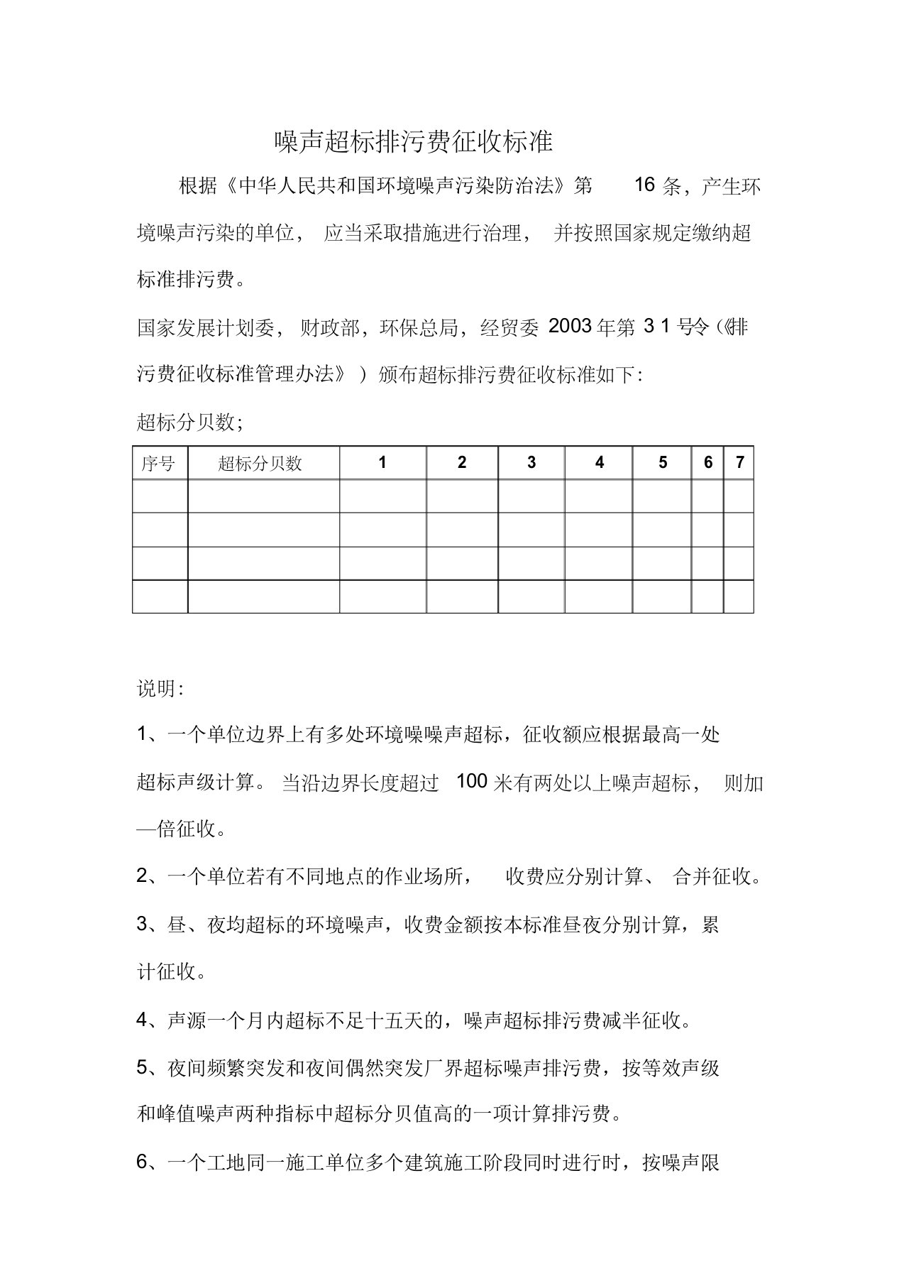 噪声超标排污费征收标准