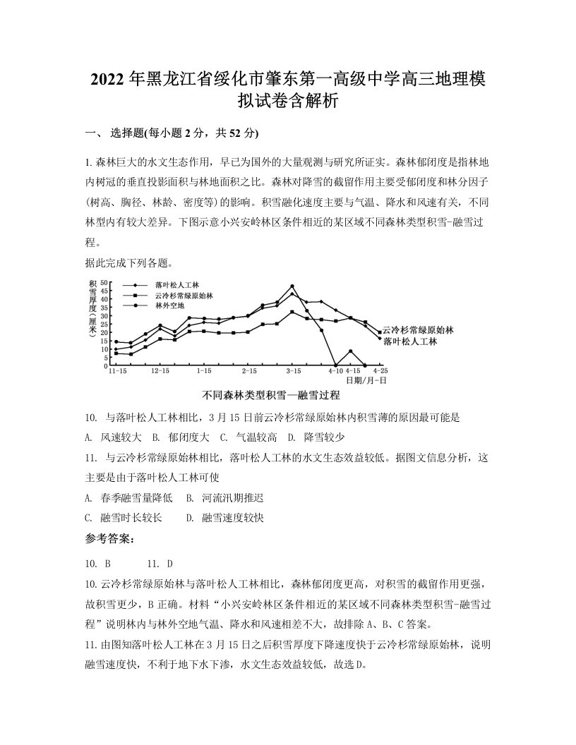 2022年黑龙江省绥化市肇东第一高级中学高三地理模拟试卷含解析