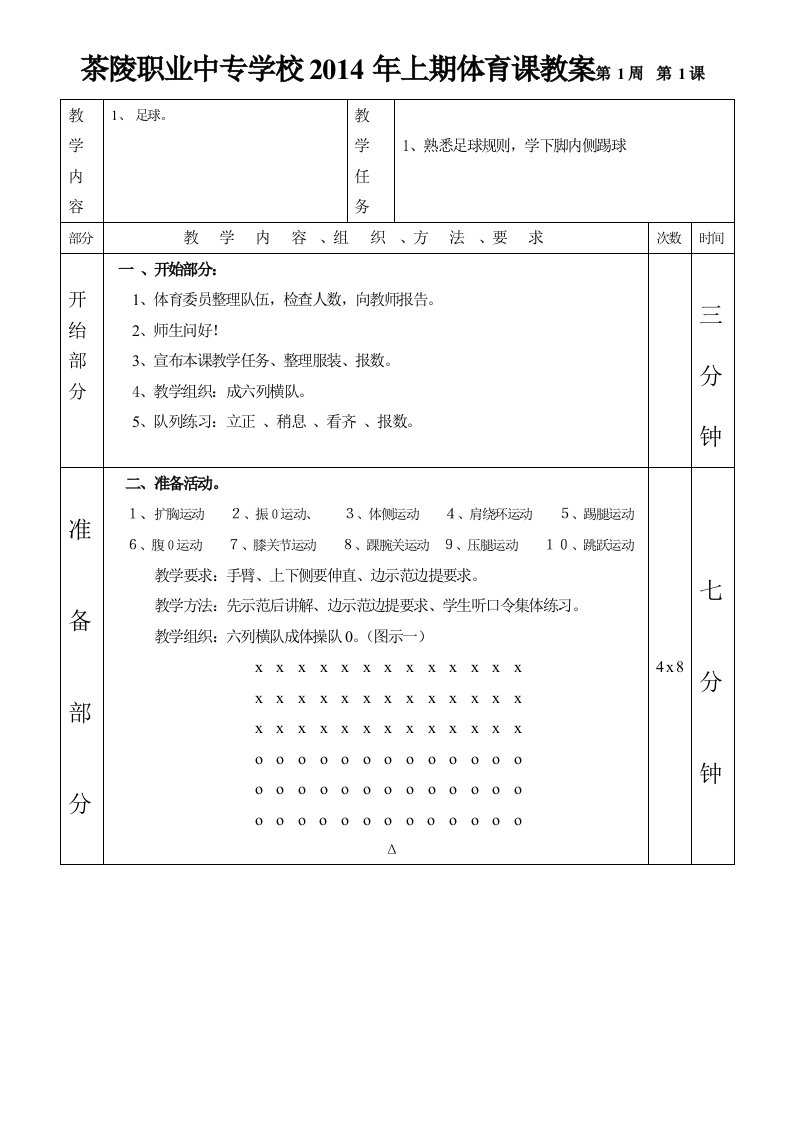 茶陵职业中专学校体育课教案第1周第1课