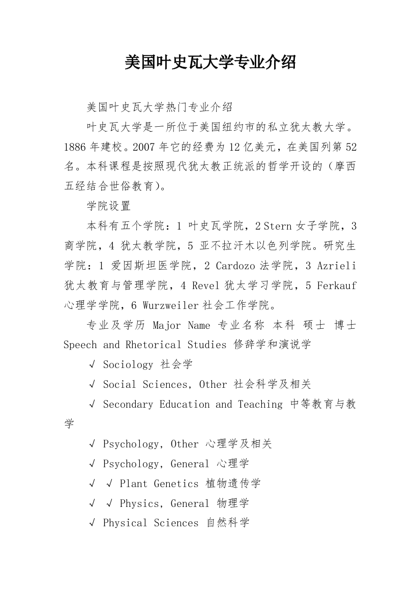 美国叶史瓦大学专业介绍