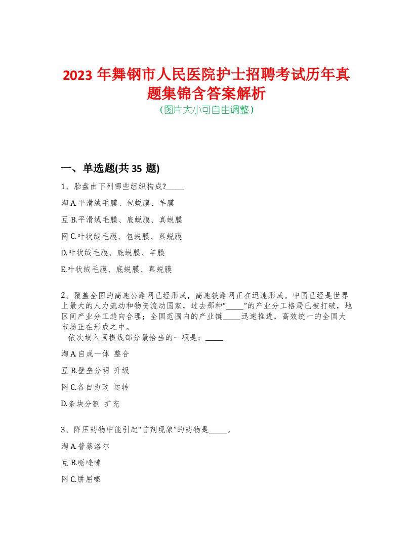 2023年舞钢市人民医院护士招聘考试历年真题集锦含答案解析-0