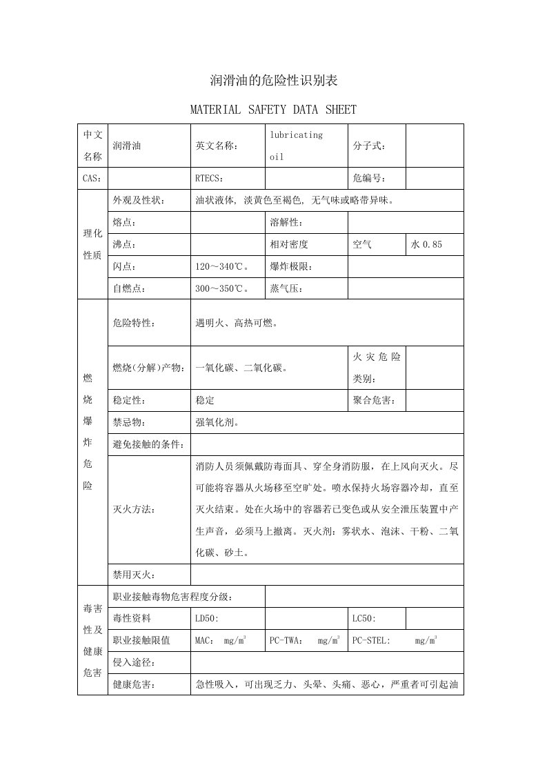 润滑油的危险性识别表表