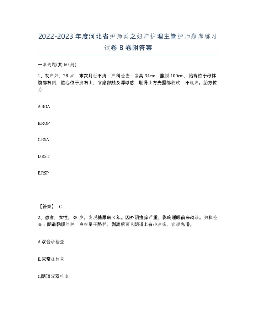 2022-2023年度河北省护师类之妇产护理主管护师题库练习试卷B卷附答案