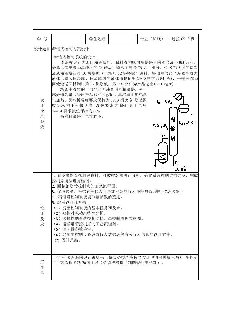 精馏塔控制方案设计课程设计说明书