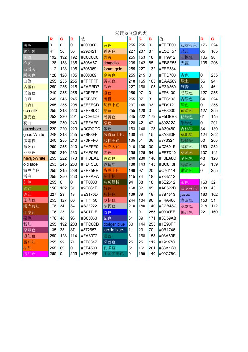 常用RGB颜色表