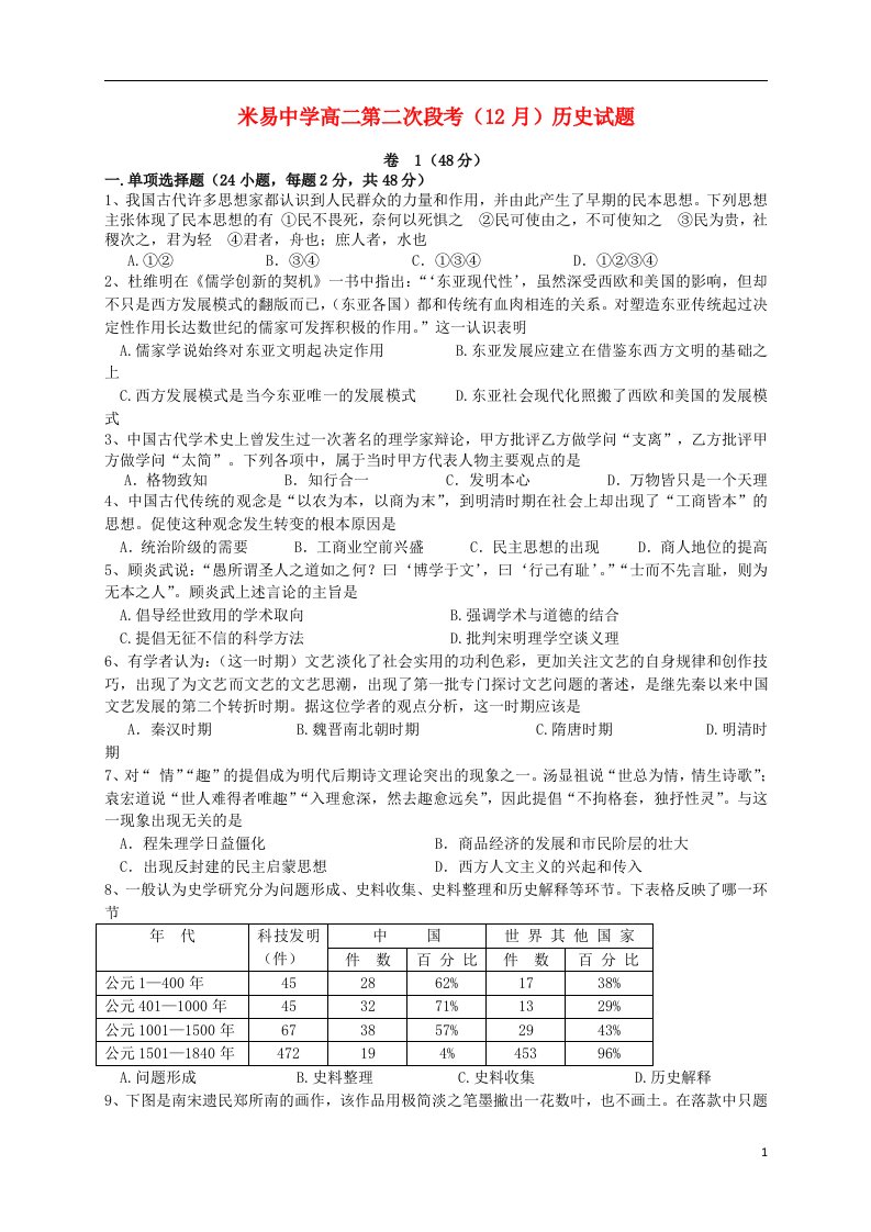 四川省攀枝花市高二历史第二次段考（12月）试题人民版