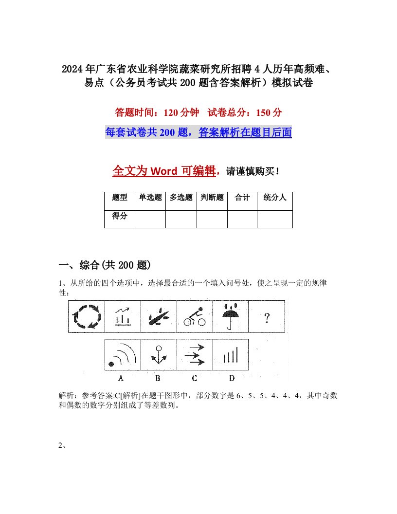 2024年广东省农业科学院蔬菜研究所招聘4人历年高频难、易点（公务员考试共200题含答案解析）模拟试卷