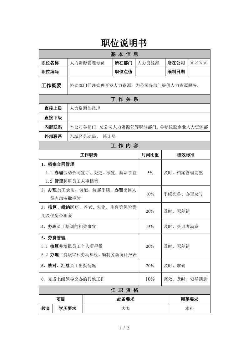 保险行业-人力资源管理专员岗位职责说明书