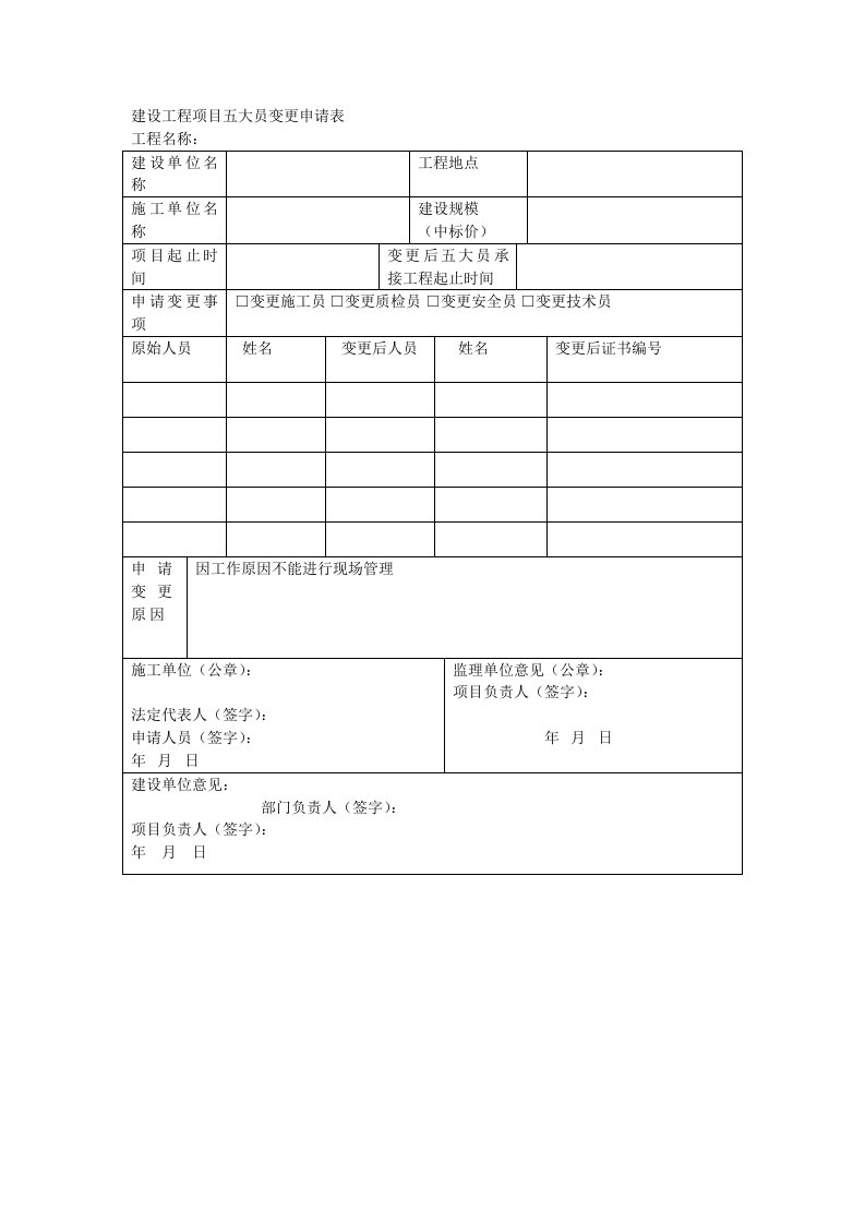 建设工程项目五大员变更申请表