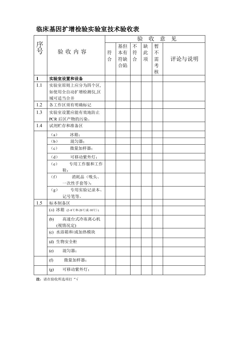 临床基因扩增检验实验室技术验收表