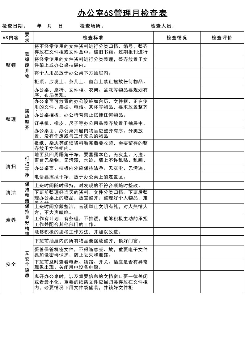 办公室6S管理检查表