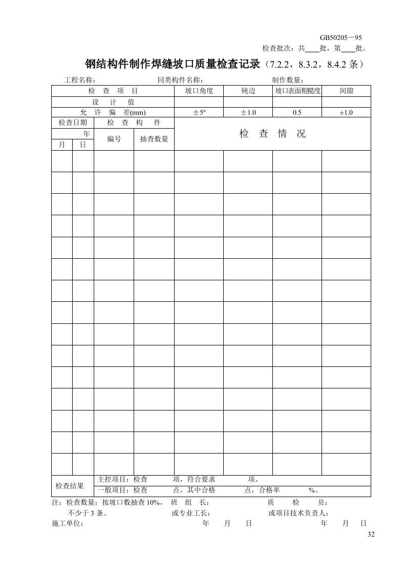 钢结构件制作焊缝坡口质量检查记录