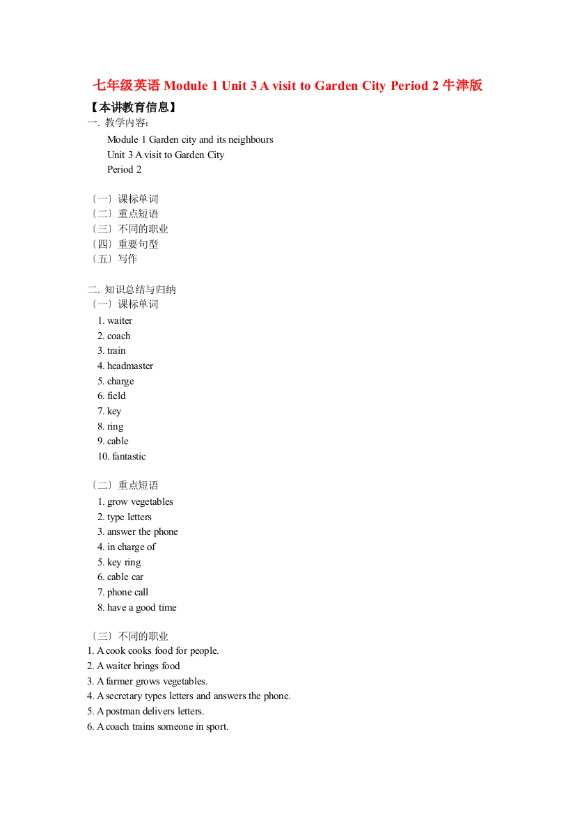 七年级英语Module1Unit3AvisittoGardenCityPeriod2上海牛津