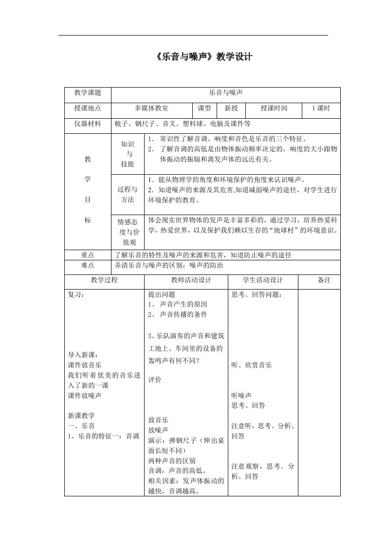 北师大版八年级上册4.3《乐音与噪声》1