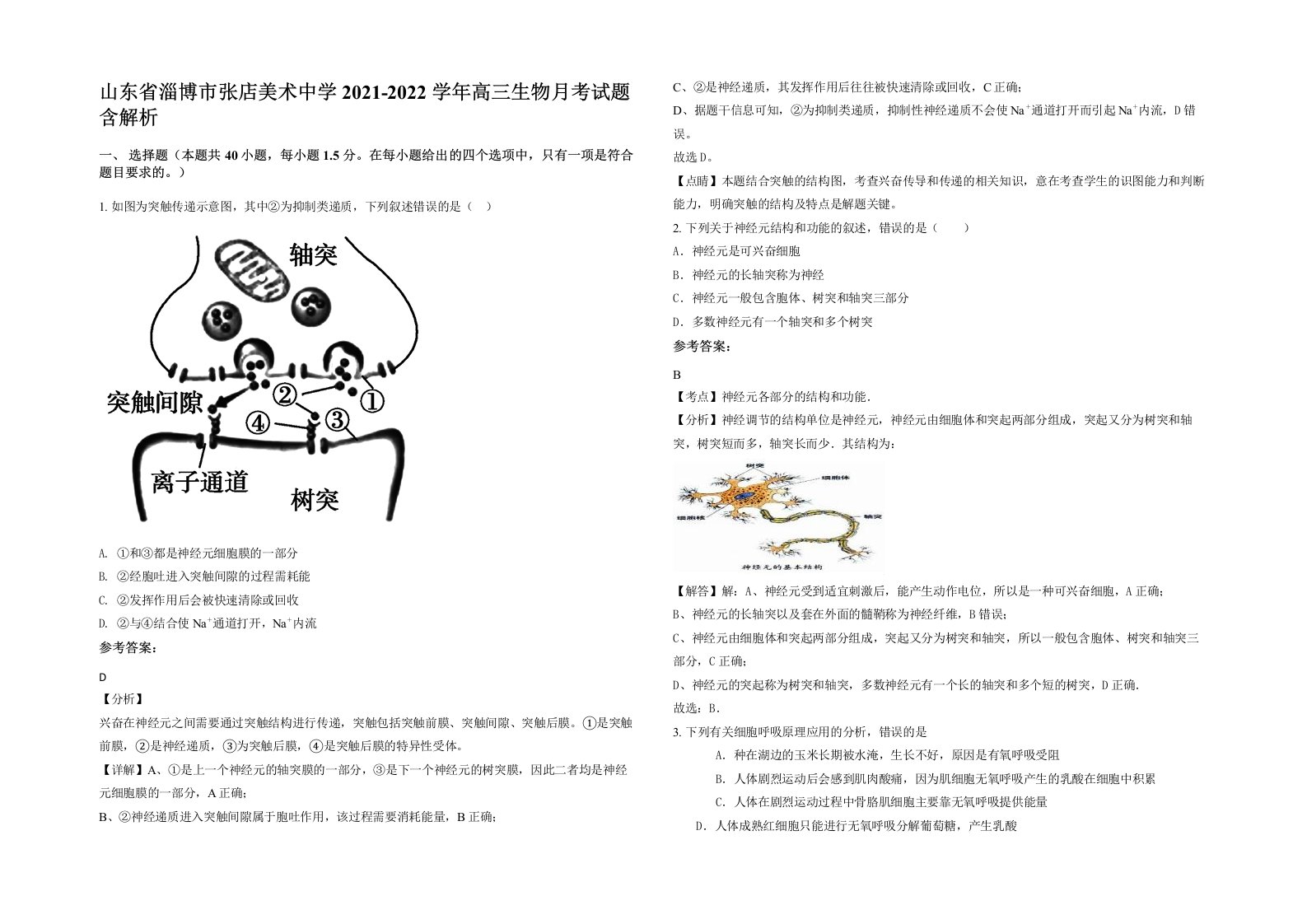 山东省淄博市张店美术中学2021-2022学年高三生物月考试题含解析