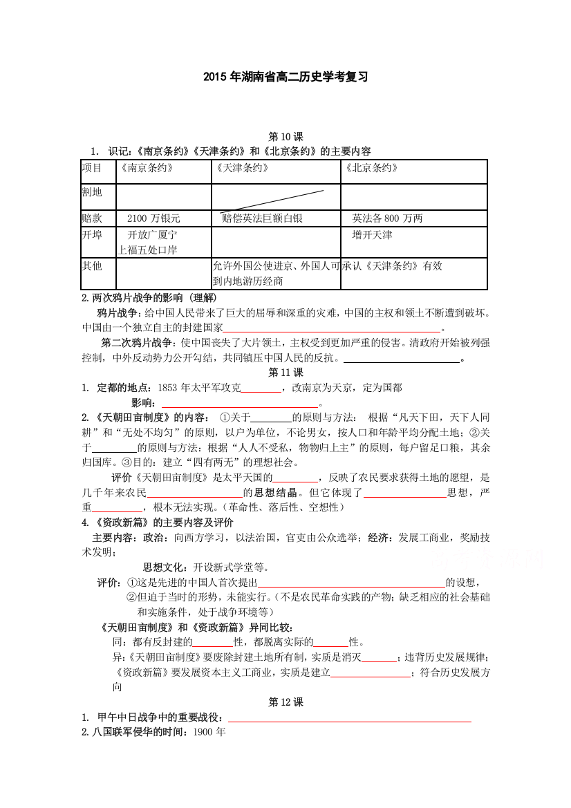 2015年湖南省高二历史学考复习必修一