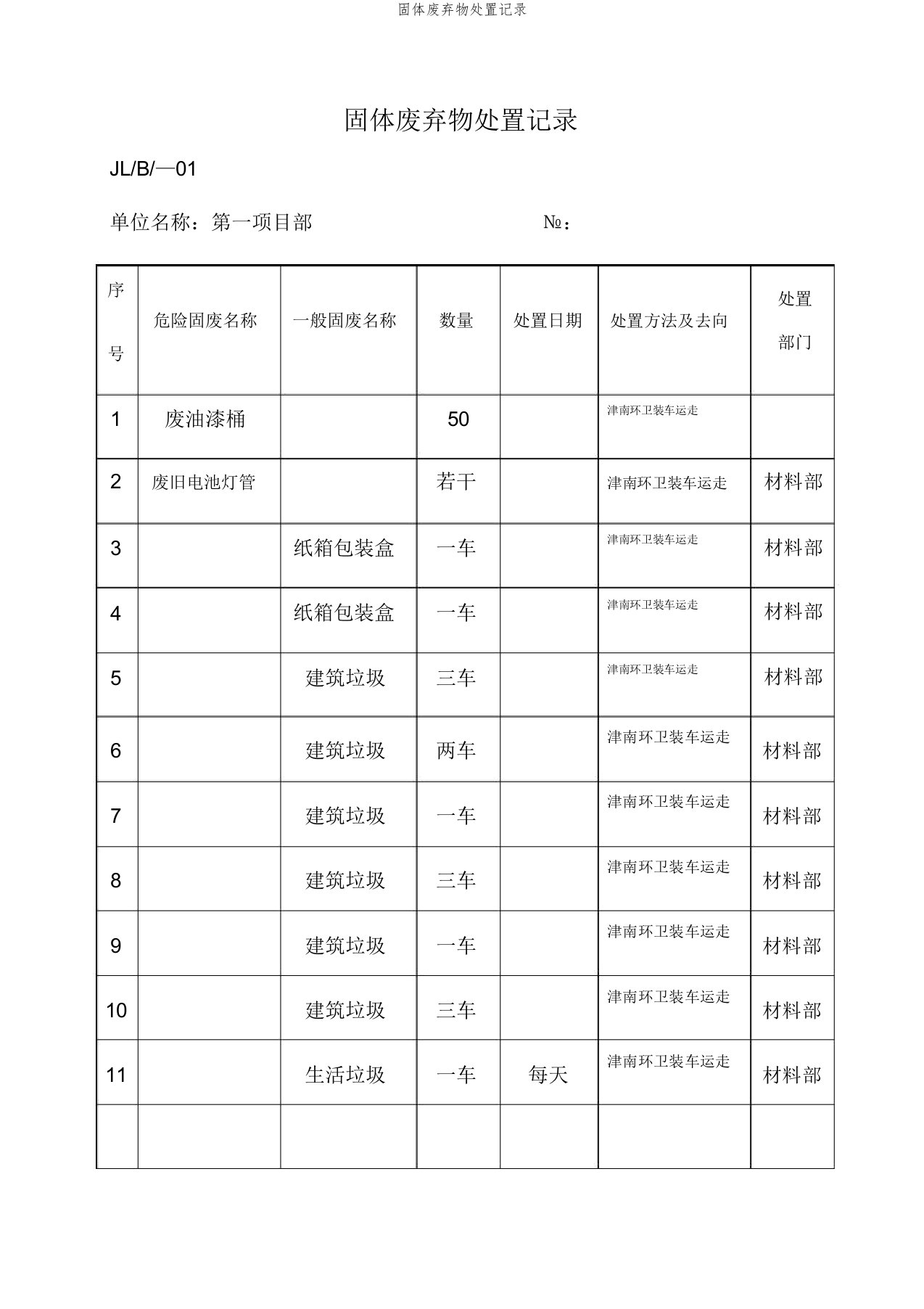 固体废弃物处置记录