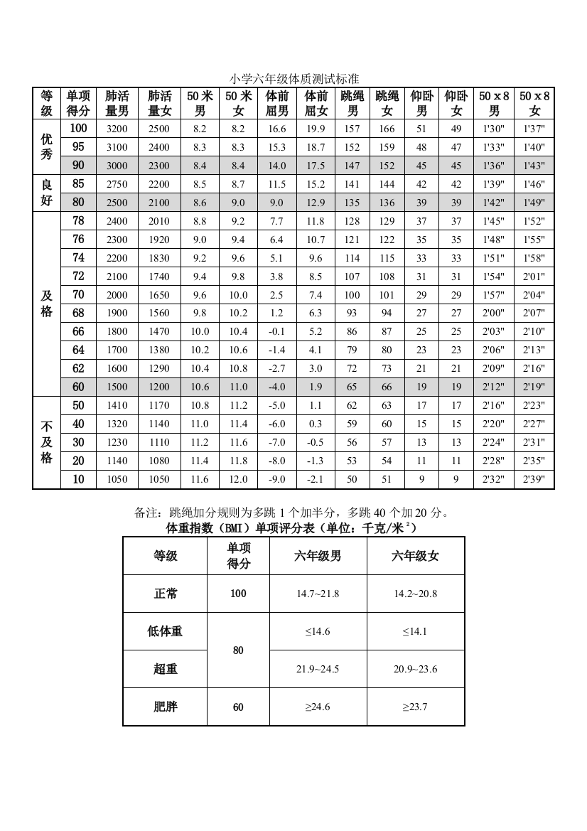 小学六年级体质测试标准全