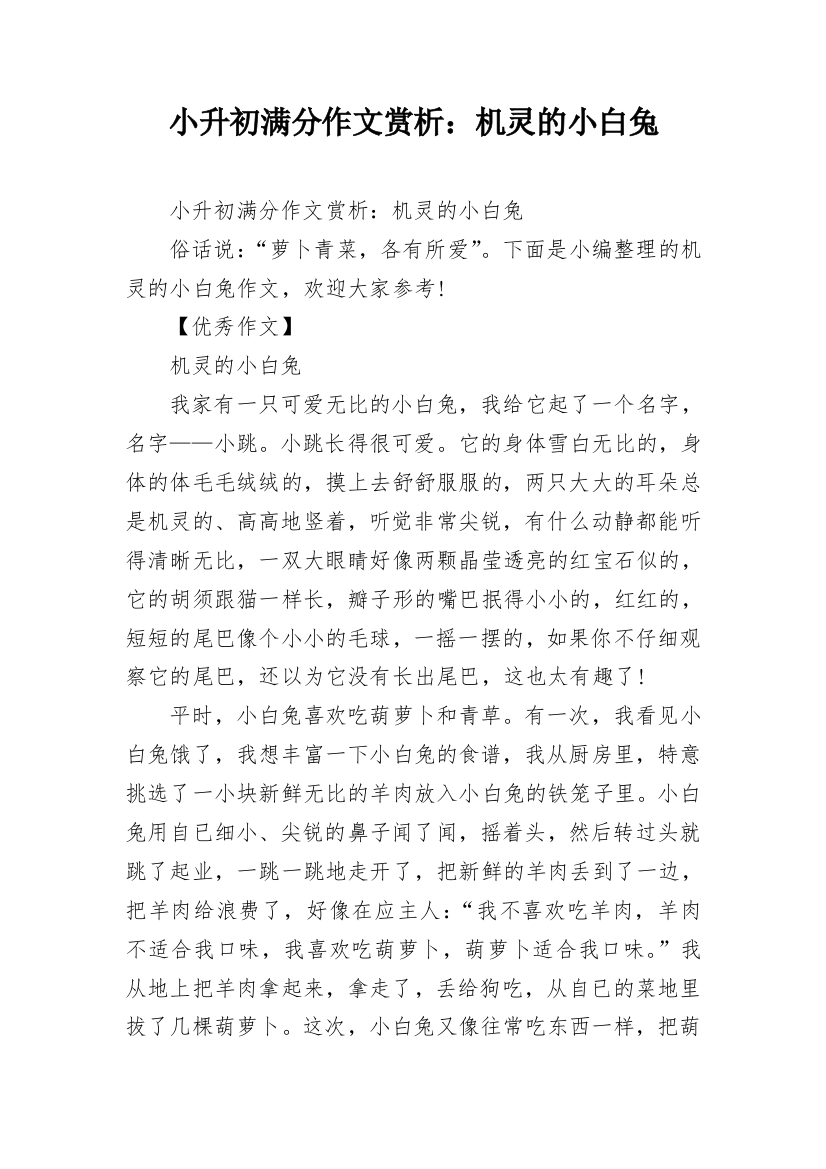 小升初满分作文赏析：机灵的小白兔