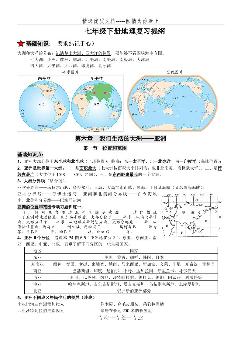 人教版七年级地理下册复习资料(共23页)