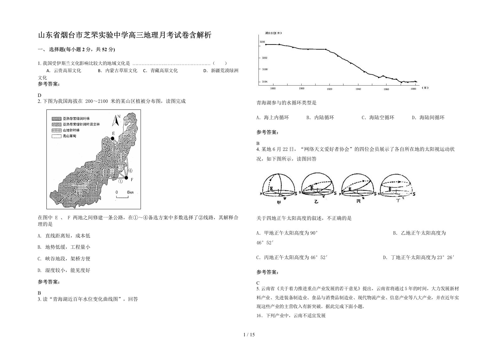 山东省烟台市芝罘实验中学高三地理月考试卷含解析