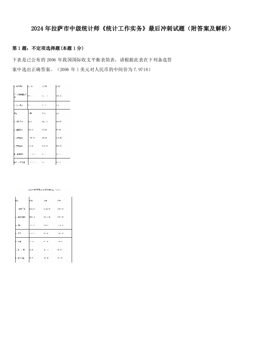 2024年拉萨市中级统计师《统计工作实务》最后冲刺试题（附答案及解析）