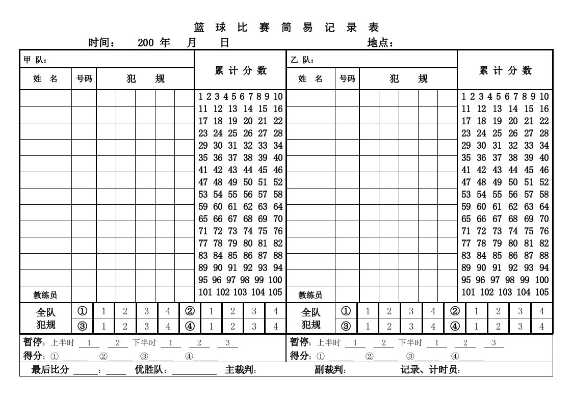 篮球比赛简易记录表