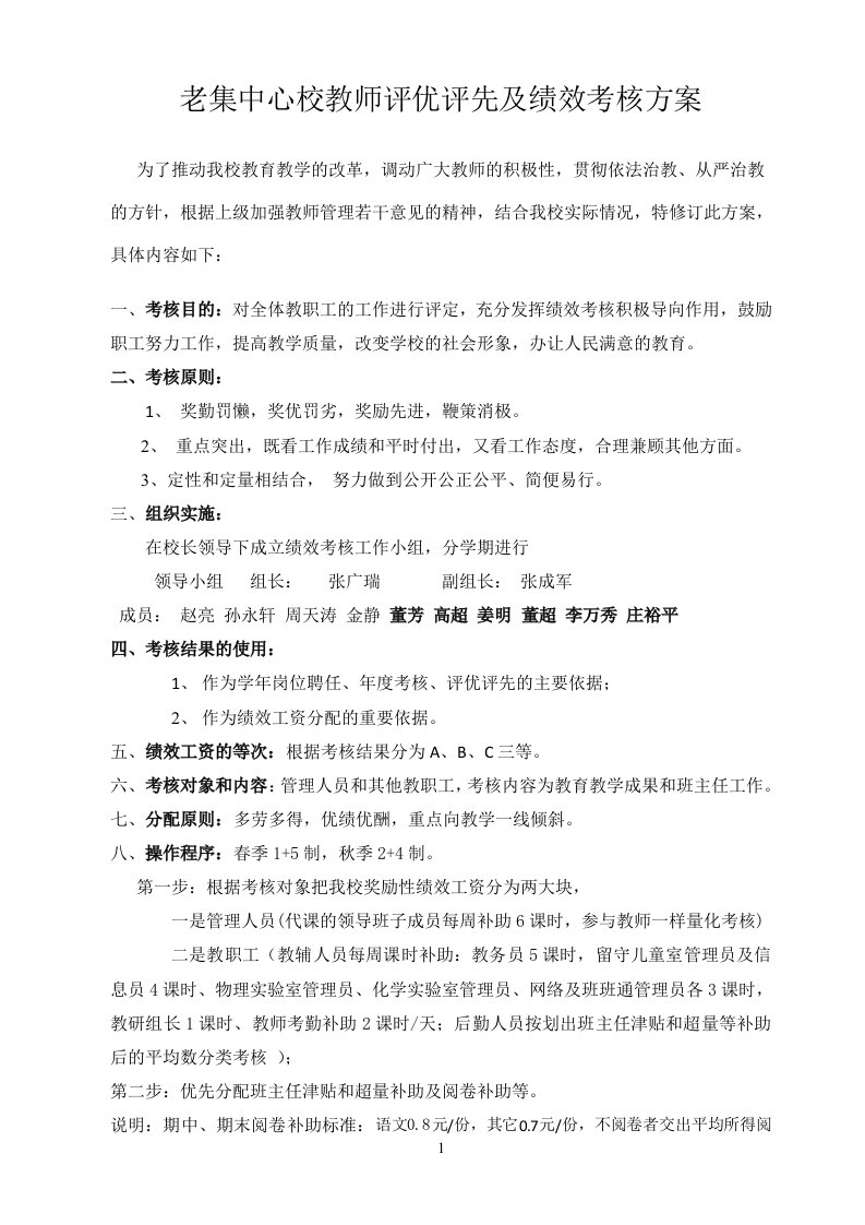 老集中心校教师评优评先及绩效考核方案