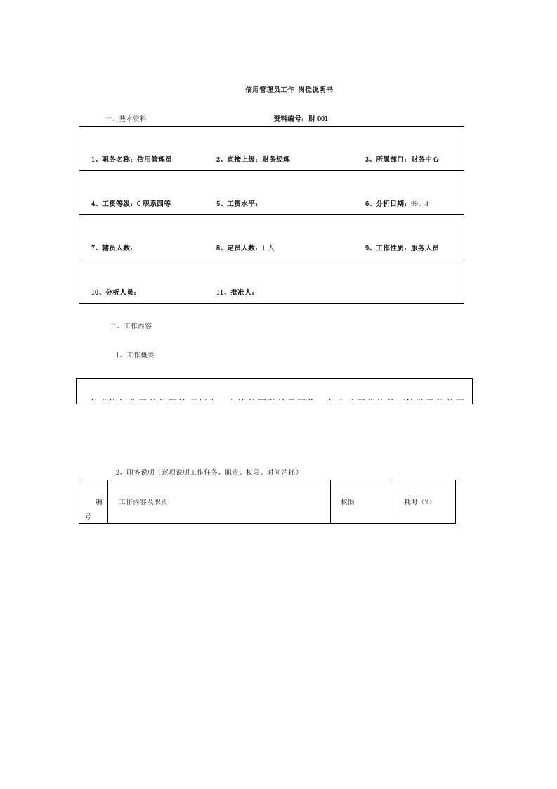 信用管理员工作岗位