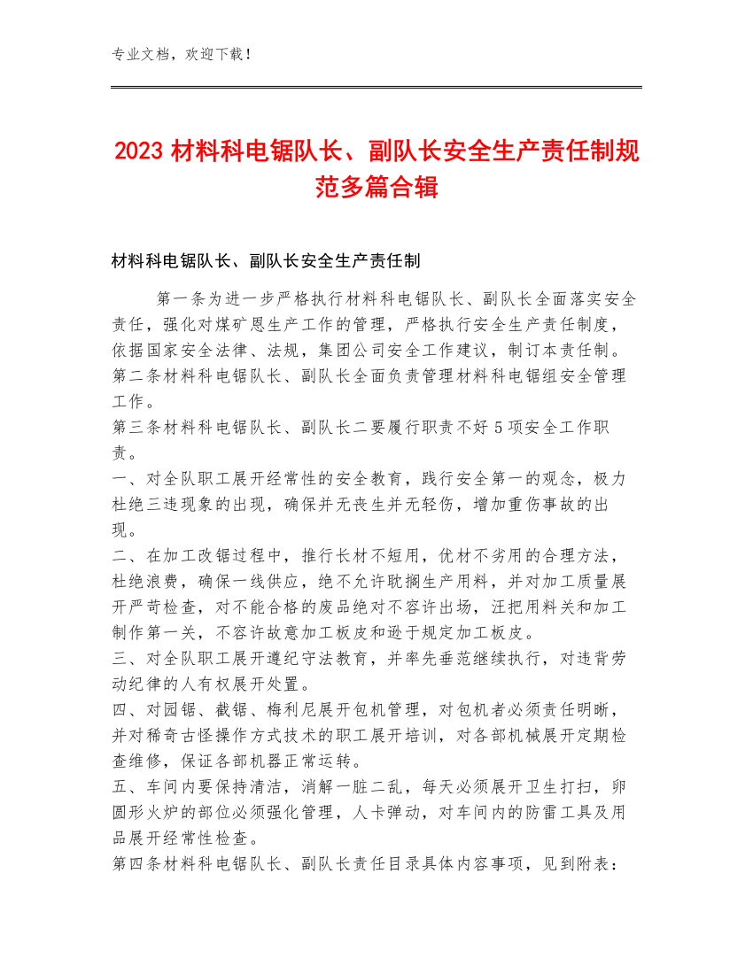 2023材料科电锯队长、副队长安全生产责任制规范多篇合辑