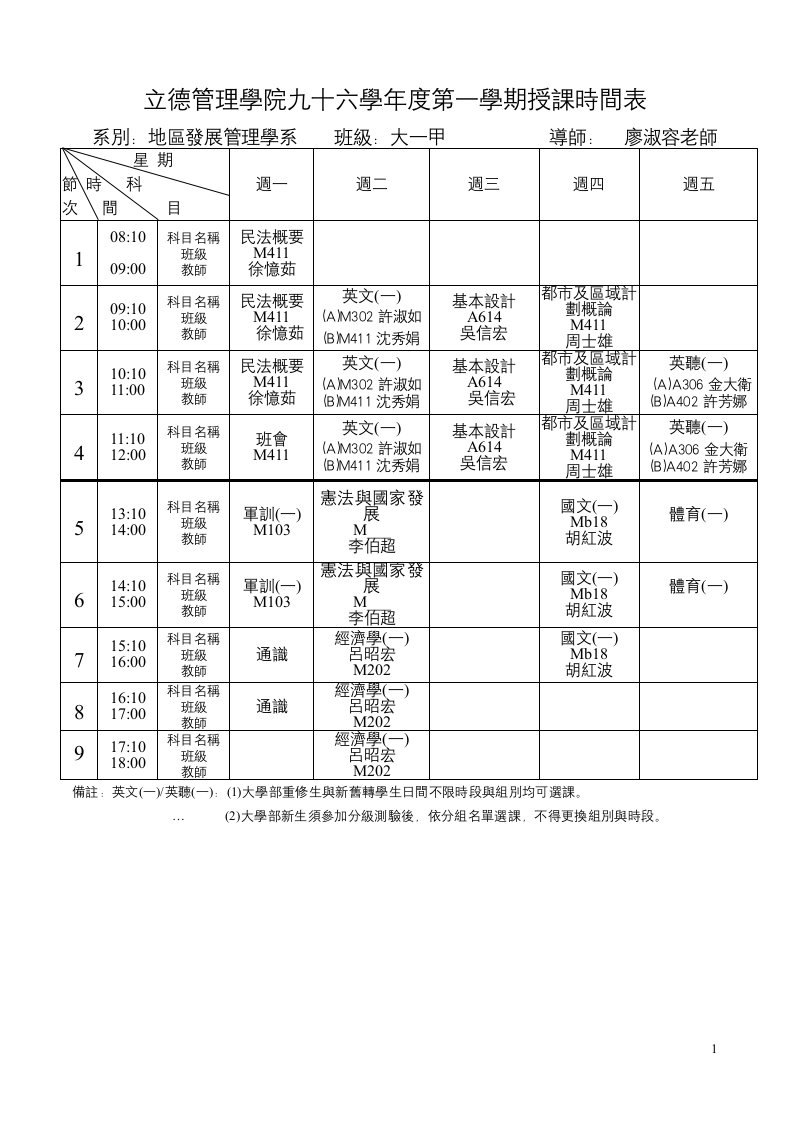 立德管理学院九十六学年度第一学期授课时间表