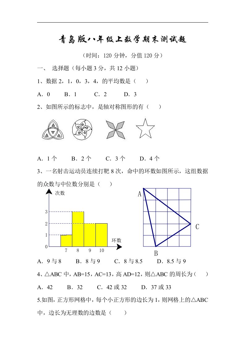 青岛版初中数学八年级上册期末测试题