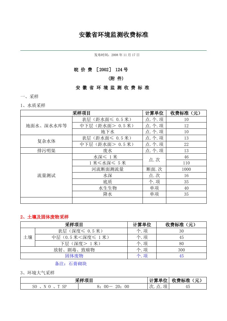 安徽省环境监测收费标准