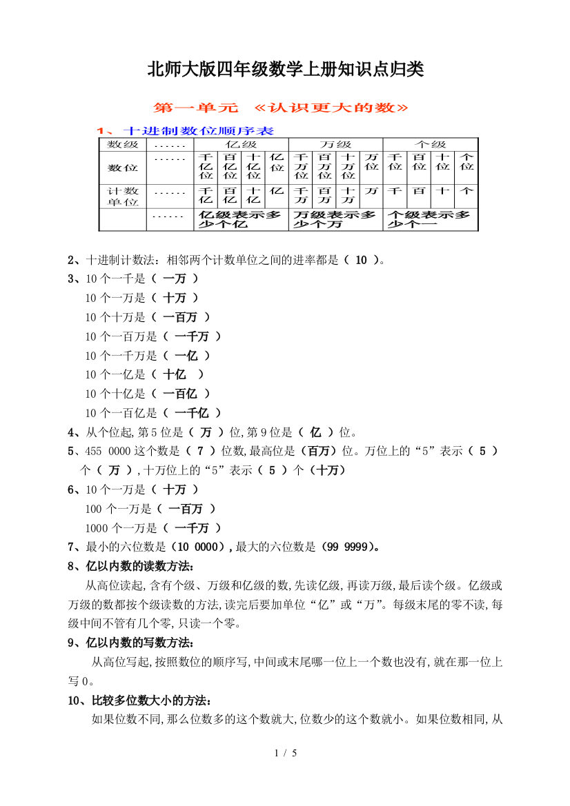 北师大版四年级数学上册知识点归类