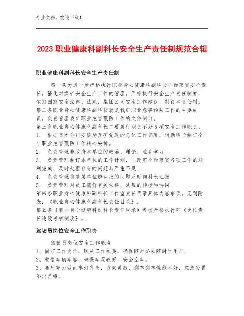 2023职业健康科副科长安全生产责任制规范合辑