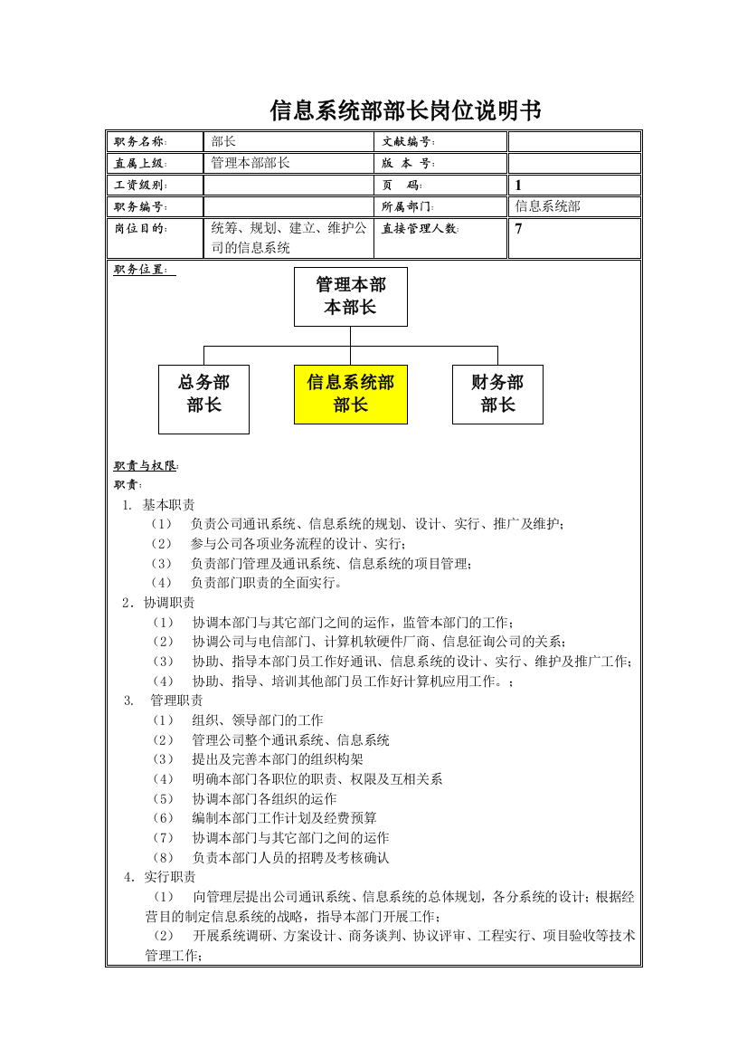 岗位说明书样稿