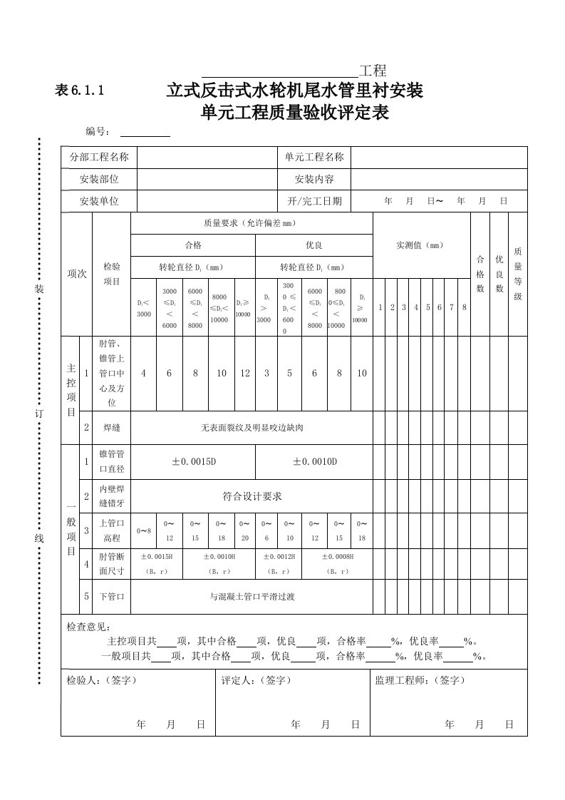 建筑资料-表611尾水管里衬安装单元工程安装质量检查表