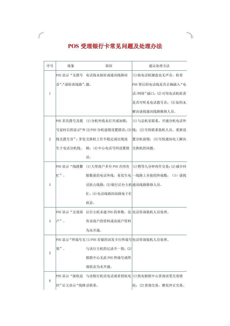 POS受理银行卡常见问题及处理办法