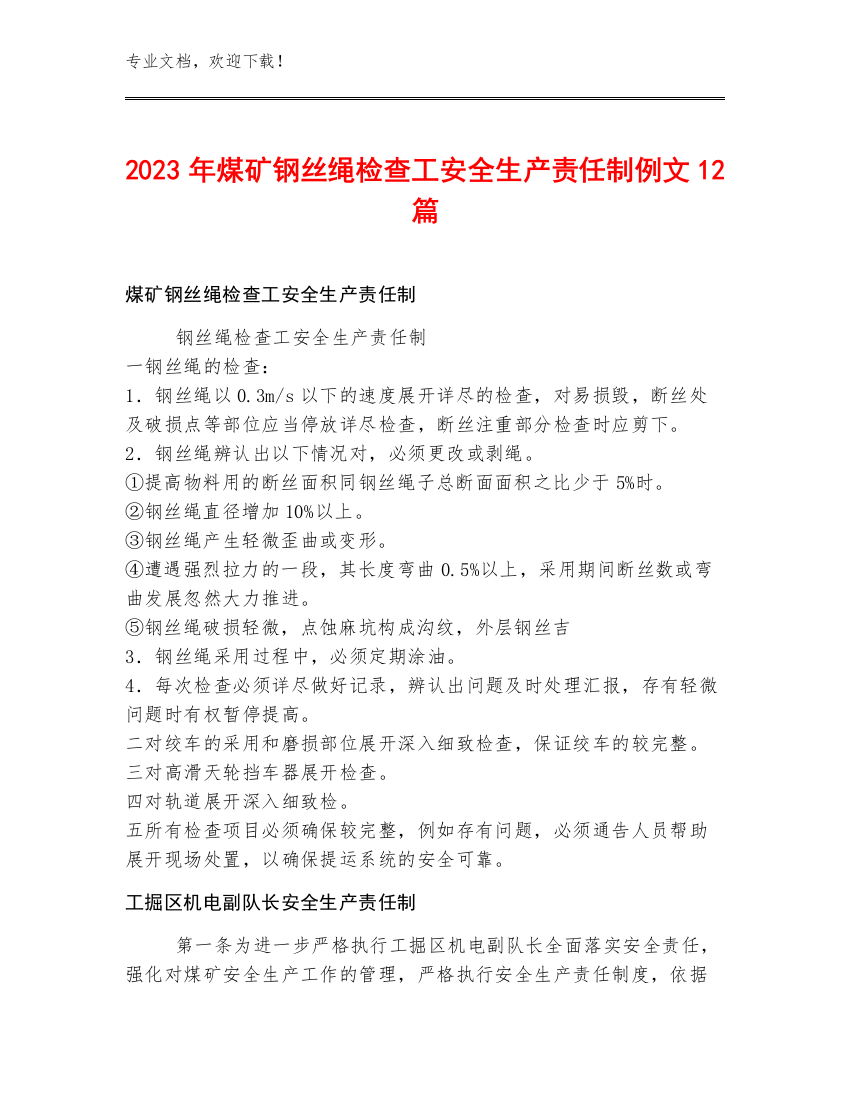 2023年煤矿钢丝绳检查工安全生产责任制例文12篇