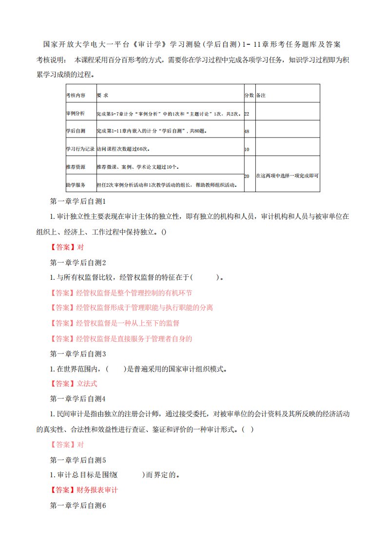 平台《审计学》学习测验(学后自测)1-11章形考任务题库及答案