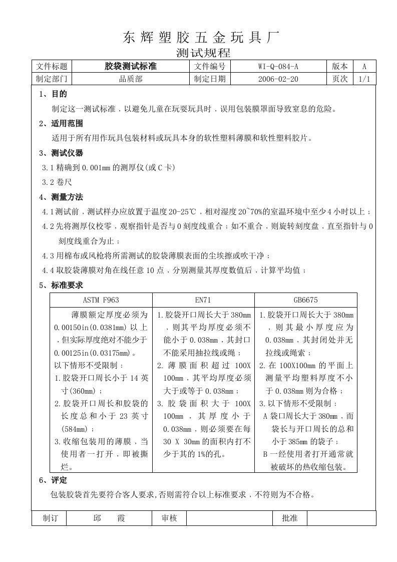 《东辉塑胶五金玩具厂检验标准与作业指导书全套》(74个文件)胶袋测试规程-作业指导