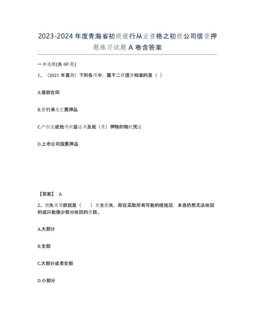 2023-2024年度青海省初级银行从业资格之初级公司信贷押题练习试题A卷含答案