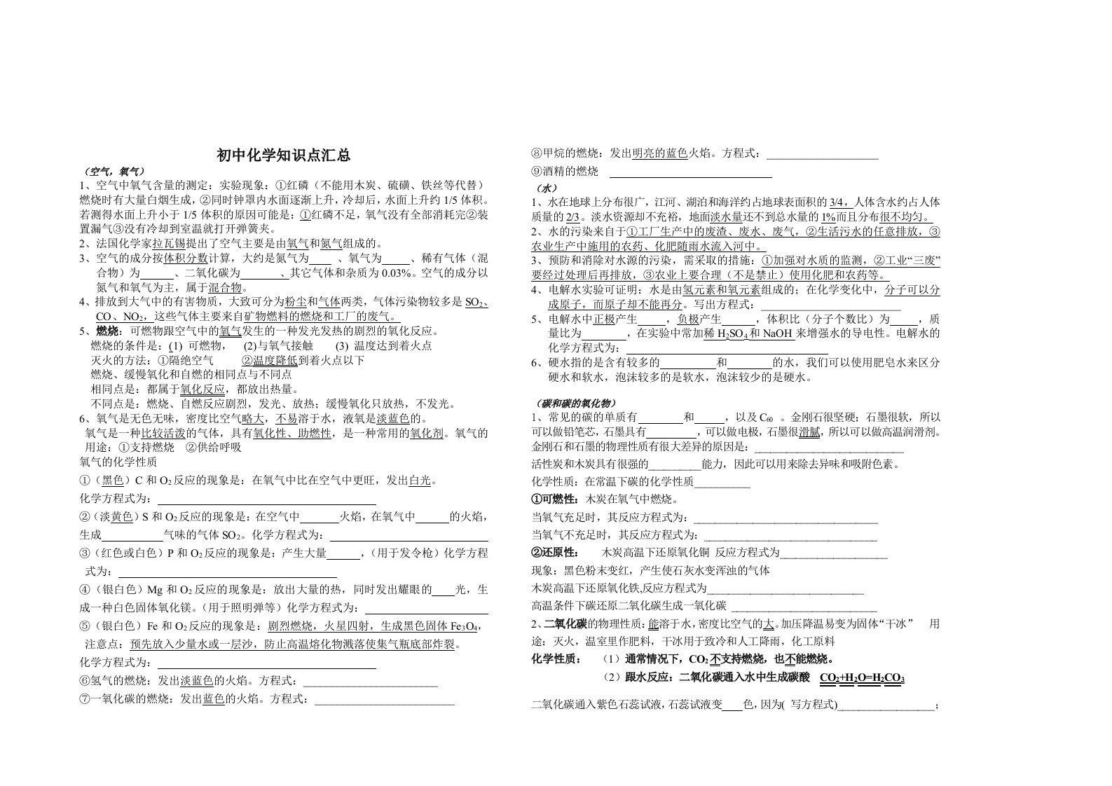 初中化学知识点汇总(填空2)